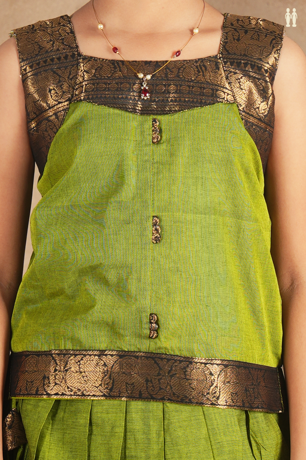 Elephant Border Plain Olive Green Cotton Pavadai Sattai