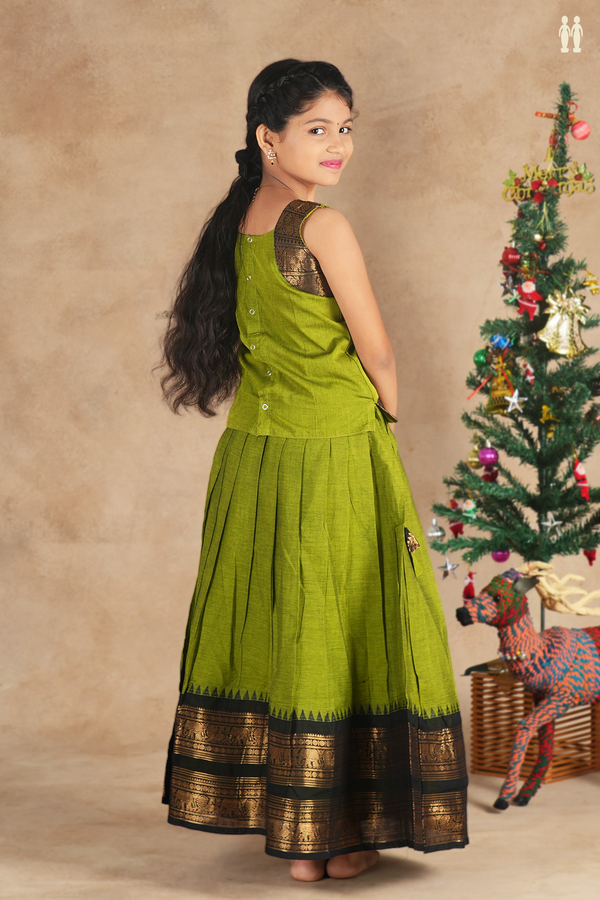 Elephant Border Plain Olive Green Cotton Pavadai Sattai