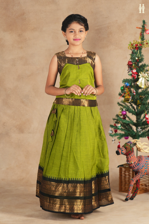 Elephant Border Plain Olive Green Cotton Pavadai Sattai