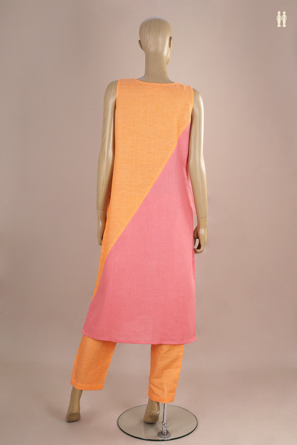 Round Neck Plain Orange And Pink Linen Salwar Set
