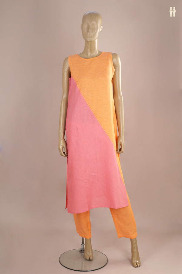 Round Neck Plain Orange And Pink Linen Salwar Set