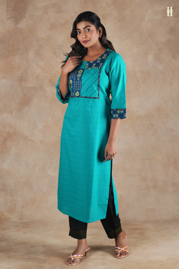 Round Neck Plain Peacock Green Cotton Long Kurta