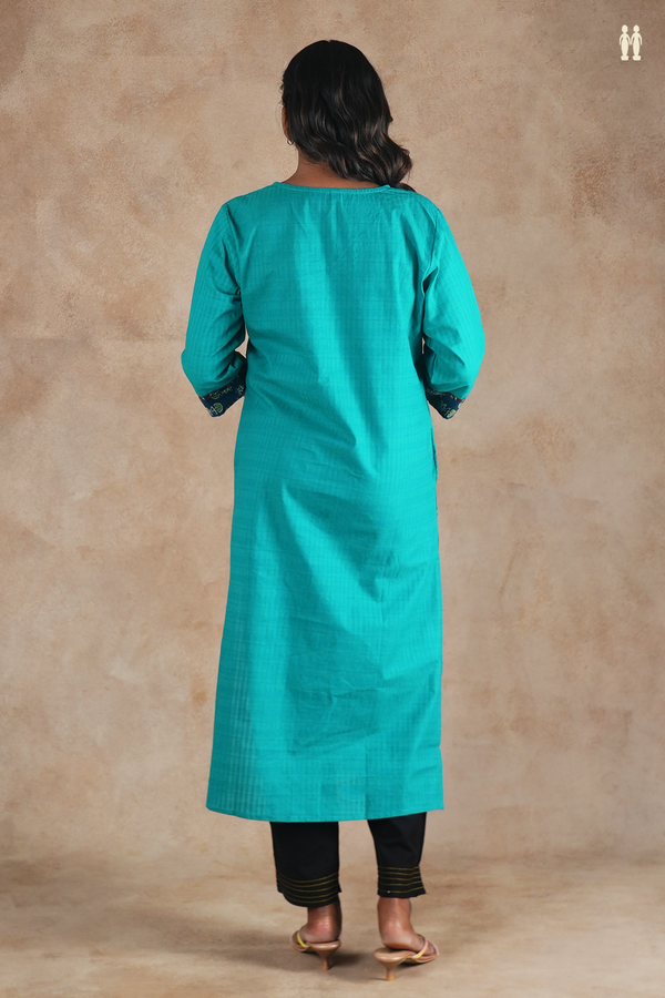 Round Neck Plain Peacock Green Cotton Long Kurta