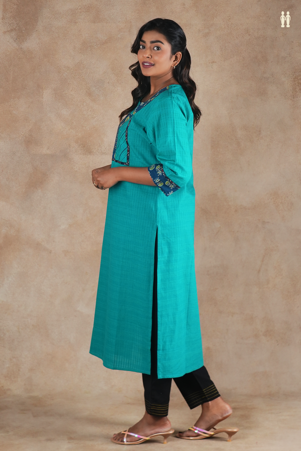 Round Neck Plain Peacock Green Cotton Long Kurta