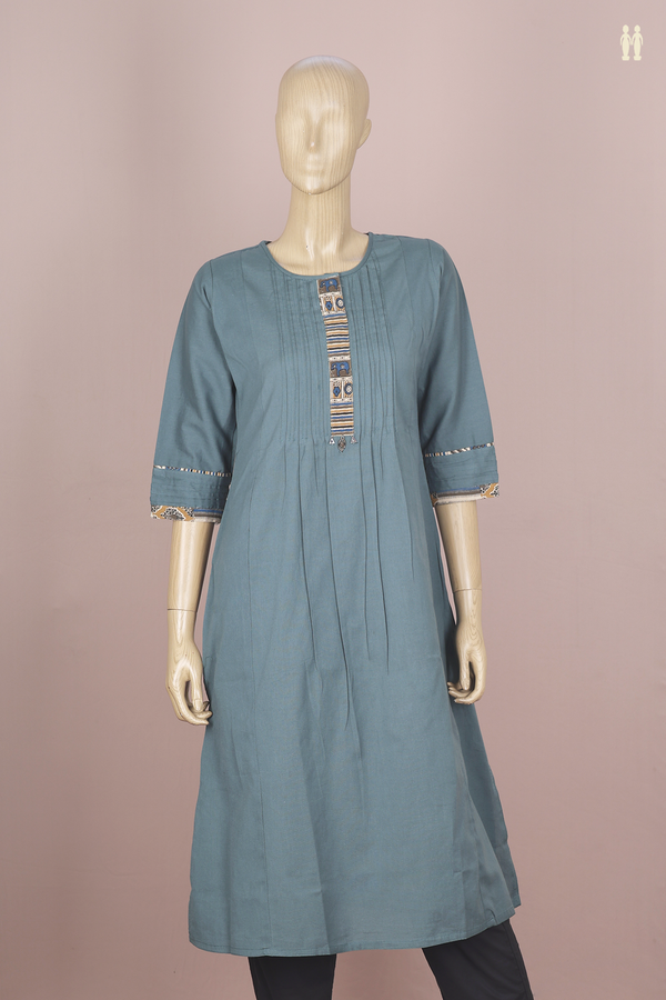 Round Neck Plain Pine Green Cotton Long Kurta