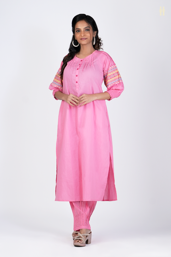 Round Neck Plain Pink Cotton Salwar Set