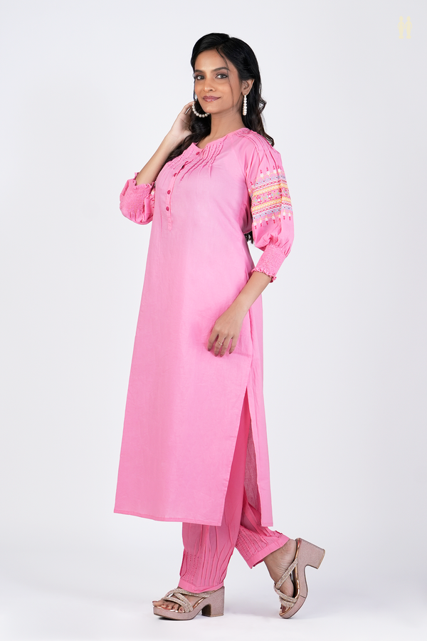 Round Neck Plain Pink Cotton Salwar Set