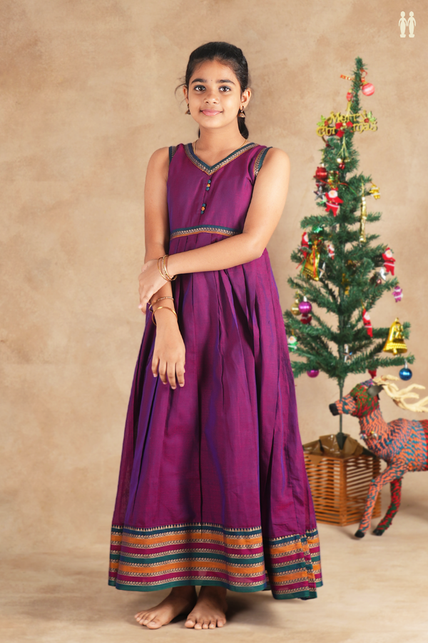 V-Neck Plain Purple Cotton Frock