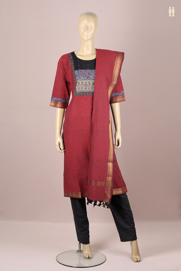 Round Neck Plain Red Cotton Salwar Set