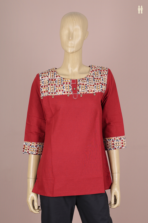 Round Neck Plain Rust Red Cotton Short Top