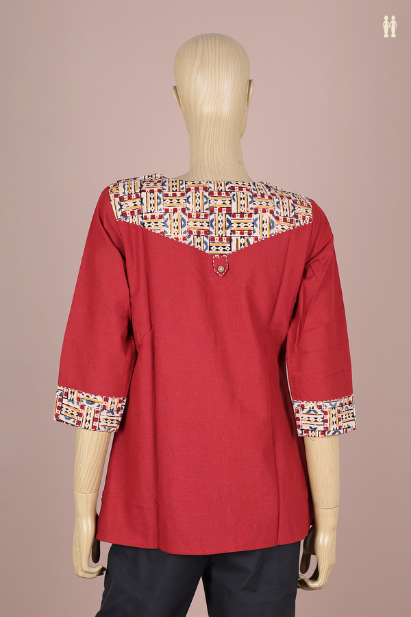 Round Neck Plain Rust Red Cotton Short Top