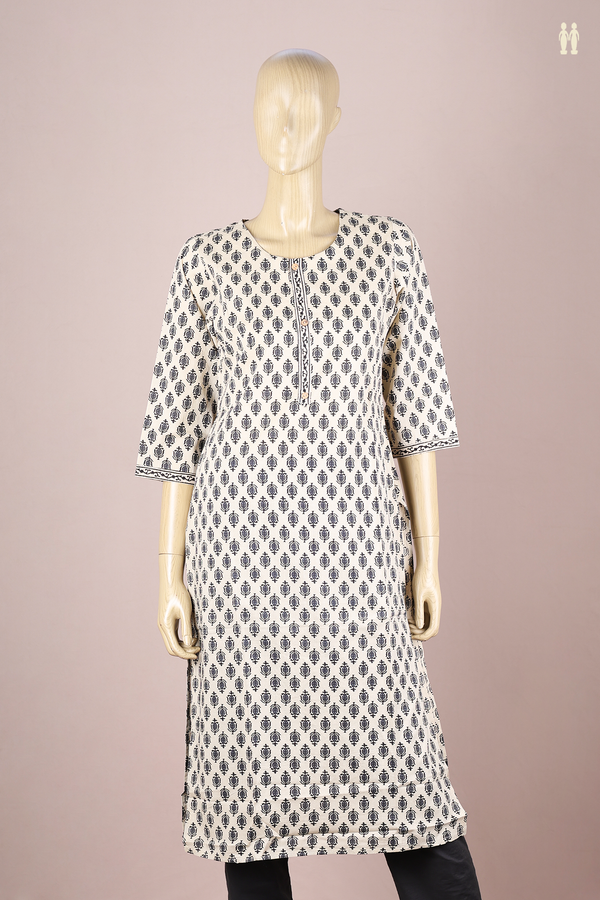 Round Neck Printed Design Beige Cotton Long Kurta