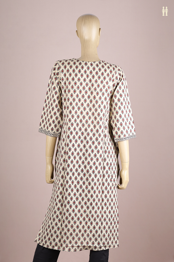 Round Neck Printed Design Beige Cotton Long Kurta