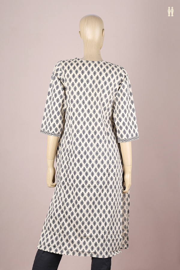 Round Neck Printed Design Beige Cotton Long Kurta