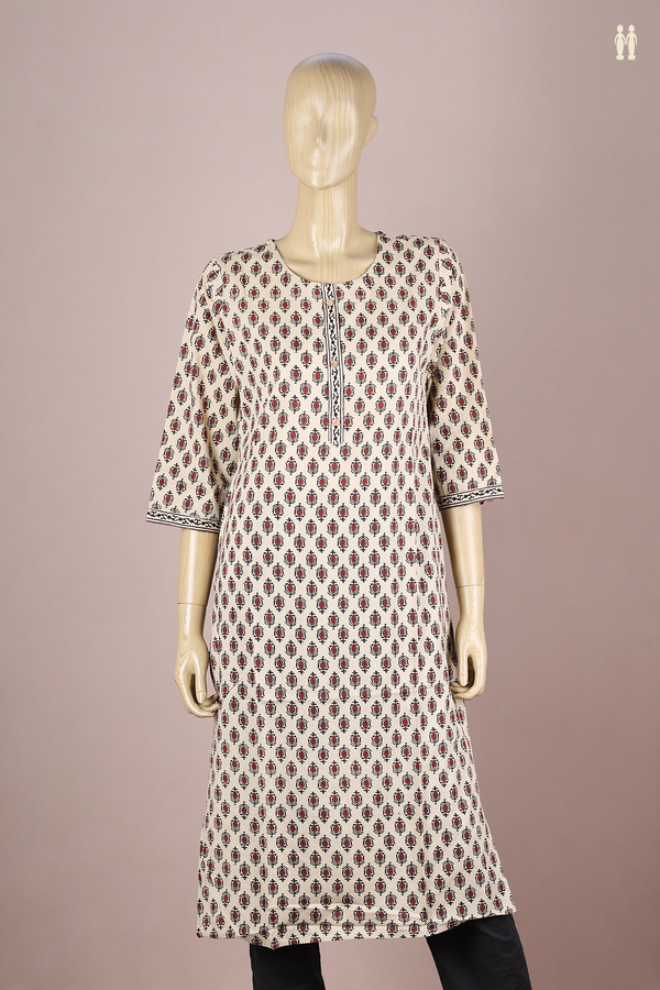 Round Neck Printed Design Beige Cotton Long Kurta