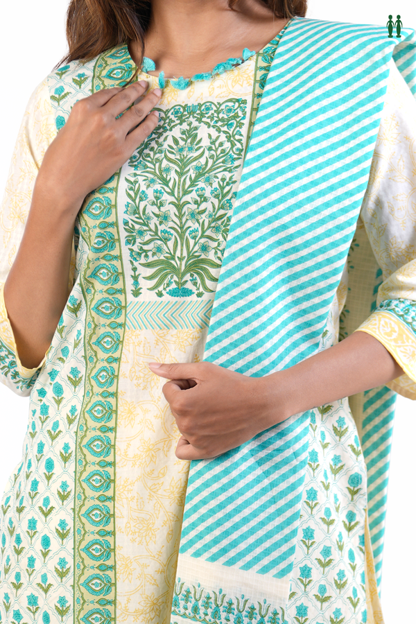 Round Neck Printed Design Beige Cotton Salwar Set