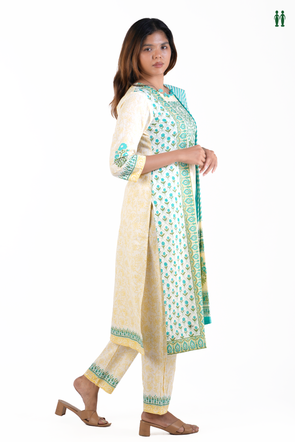 Round Neck Printed Design Beige Cotton Salwar Set