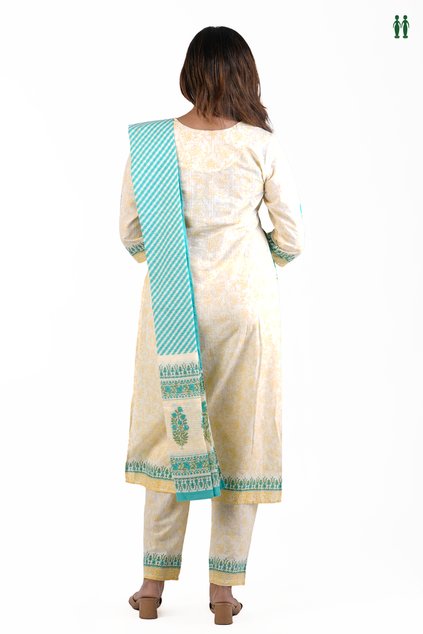 Round Neck Printed Design Beige Cotton Salwar Set