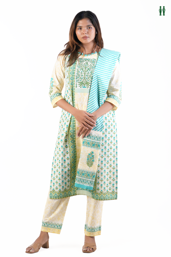 Round Neck Printed Design Beige Cotton Salwar Set