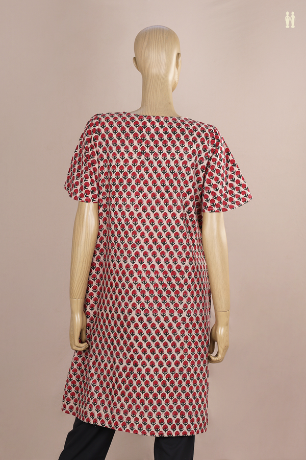 Round Neck Printed Design Beige Jaipur Cotton Long Kurta