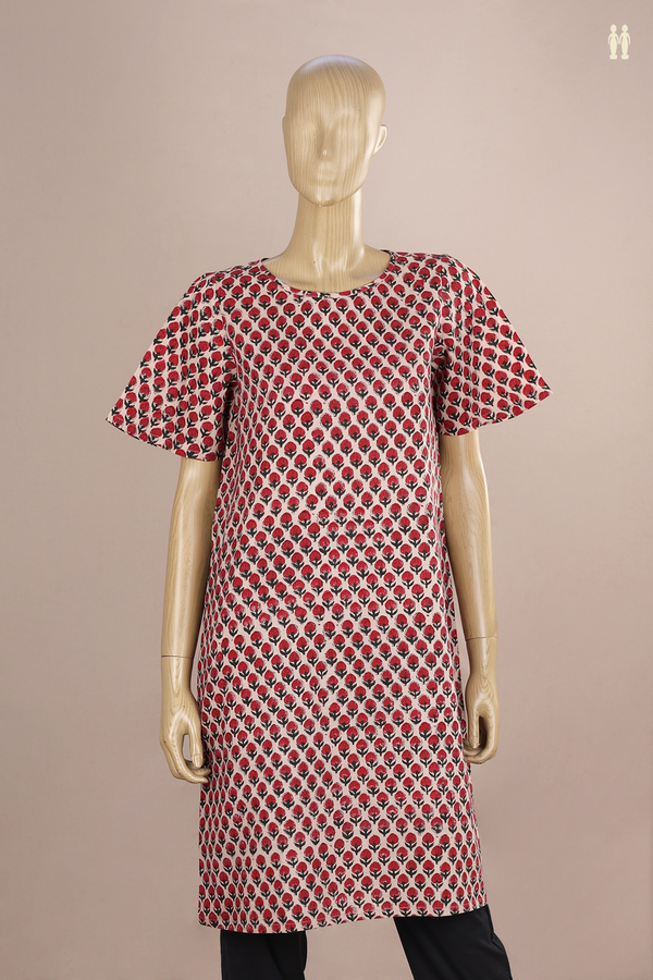 Round Neck Printed Design Beige Jaipur Cotton Long Kurta