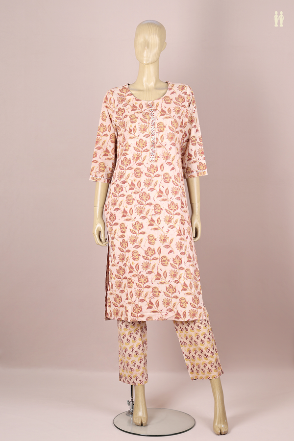Round Neck Printed Design Biscuit Color Cotton Salwar Set