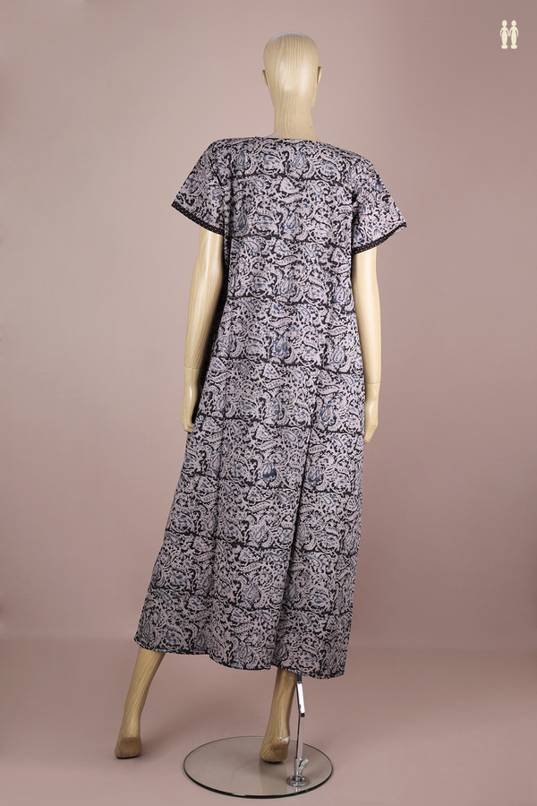 Round Neck Printed Design Black Cotton Nightie