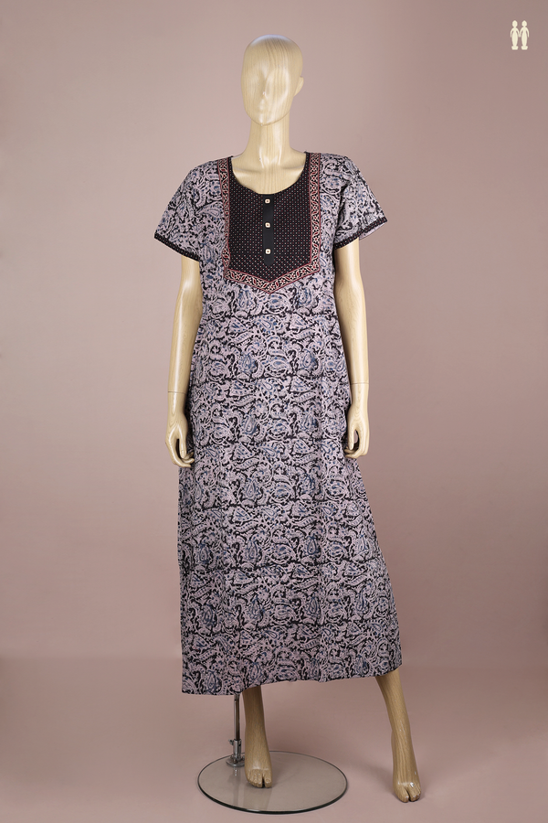 Round Neck Printed Design Black Cotton Nightie