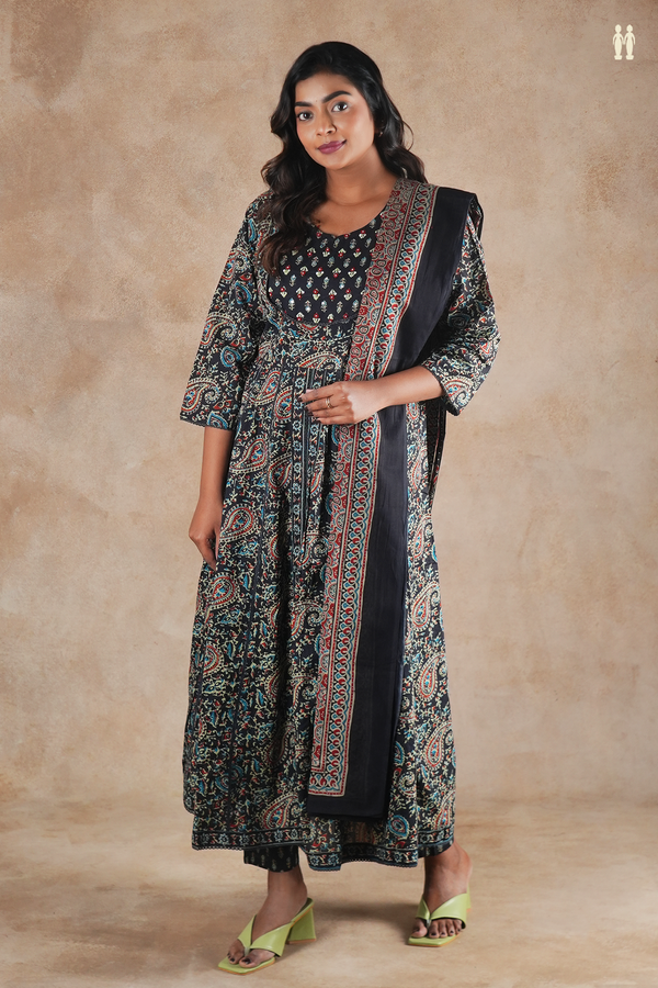 Round Neck Printed Design Black Cotton Salwar Set