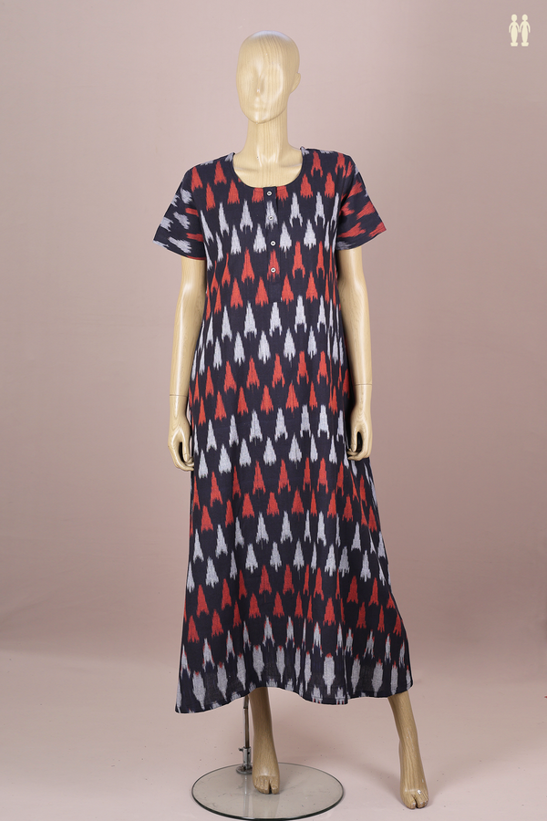 Round Neck Printed Design Black Ikat Cotton Nightie