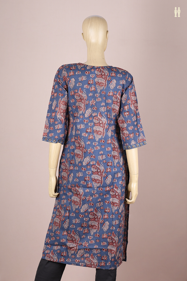Round Neck Printed Design Blue Cotton Long Kurta