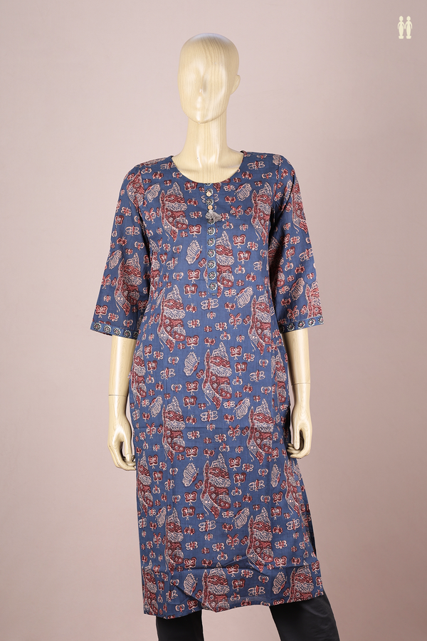 Round Neck Printed Design Blue Cotton Long Kurta