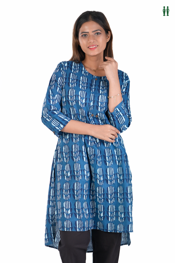 Round Neck Printed Design Blue Dobby Cotton Long Kurta