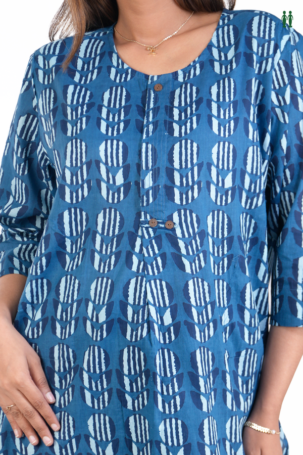 Round Neck Printed Design Blue Dobby Cotton Long Kurta