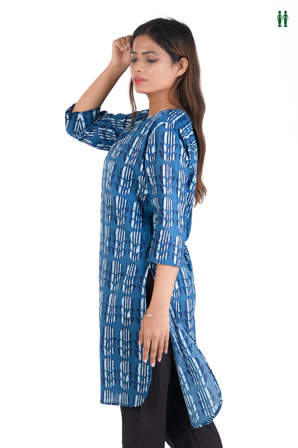 Round Neck Printed Design Blue Dobby Cotton Long Kurta