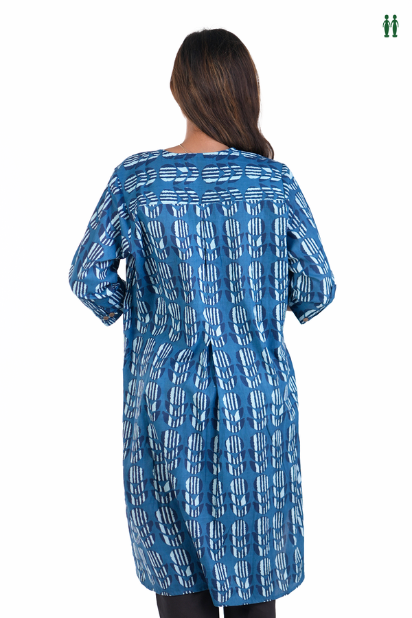 Round Neck Printed Design Blue Dobby Cotton Long Kurta