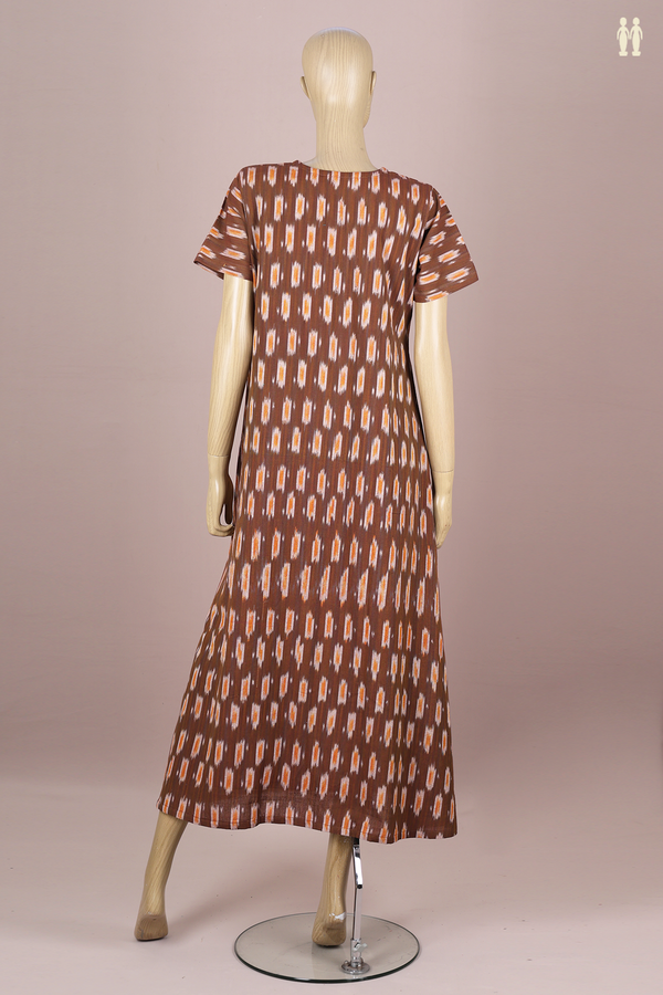 Round Neck Printed Design Brown Ikat Cotton Nightie