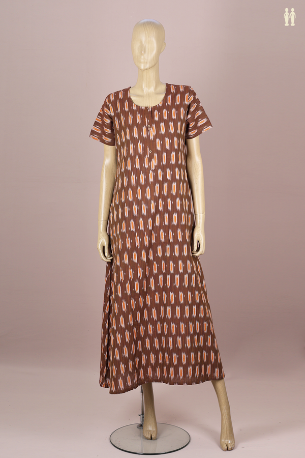Round Neck Printed Design Brown Ikat Cotton Nightie