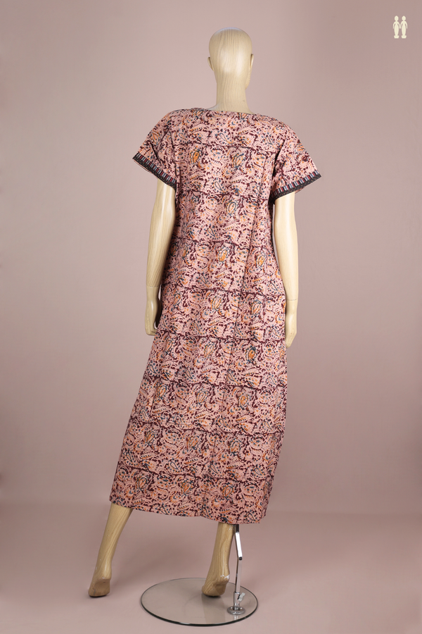 Round Neck Printed Design Burgundy Red Cotton Nightie