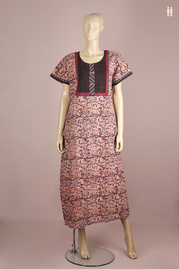 Round Neck Printed Design Burgundy Red Cotton Nightie
