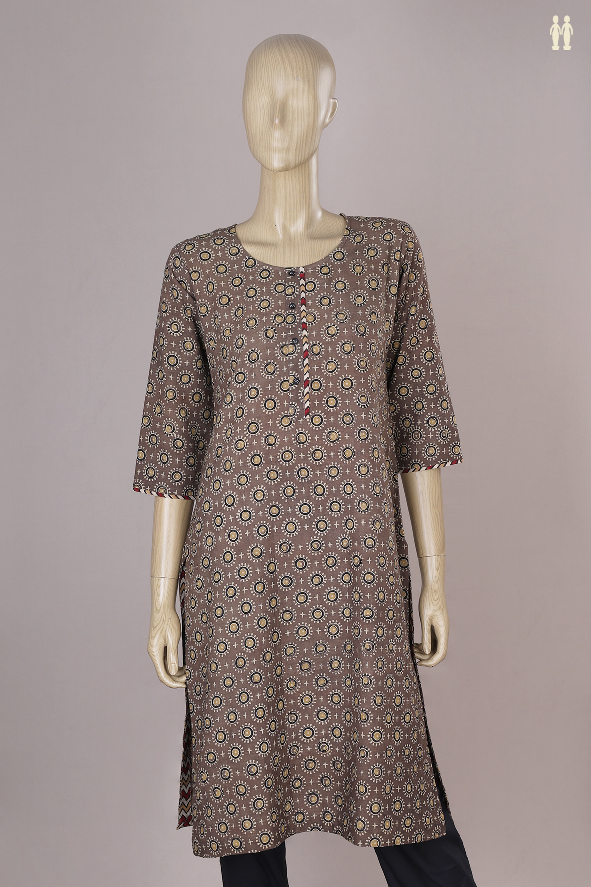 Round Neck Printed Design Dusty Brown Cotton Long Kurta