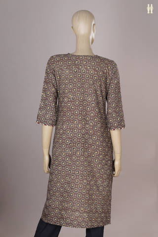 Round Neck Printed Design Dusty Brown Cotton Long Kurta