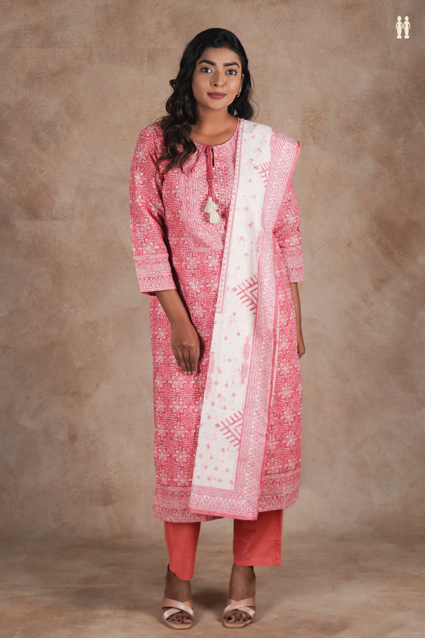 Round Neck Printed Design Dusty Red Cotton Salwar Set