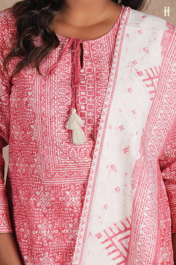 Round Neck Printed Design Dusty Red Cotton Salwar Set