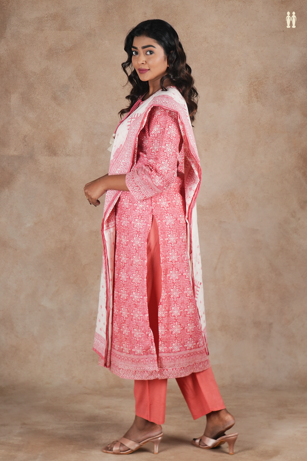 Round Neck Printed Design Dusty Red Cotton Salwar Set