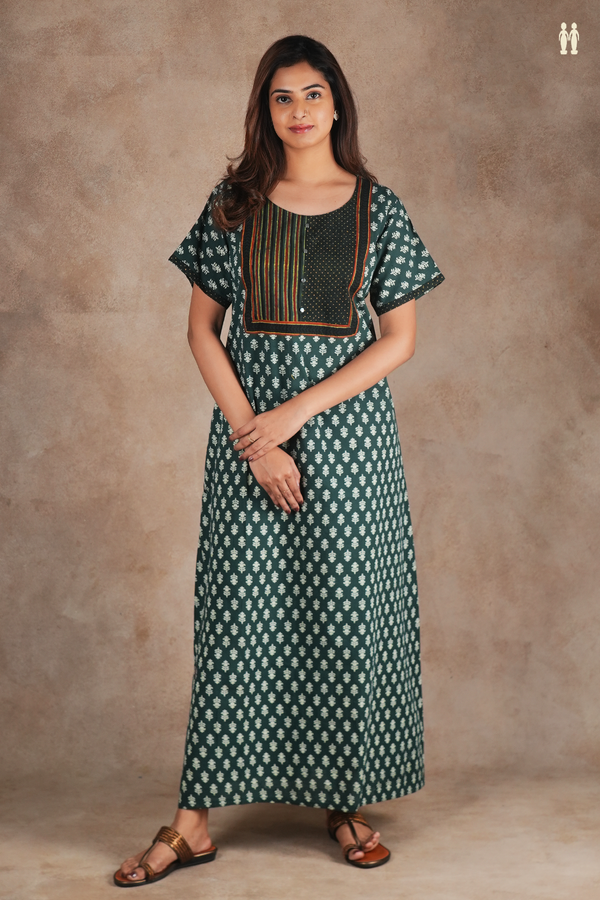 Round Neck Printed Design Forest Green Cotton Nightie
