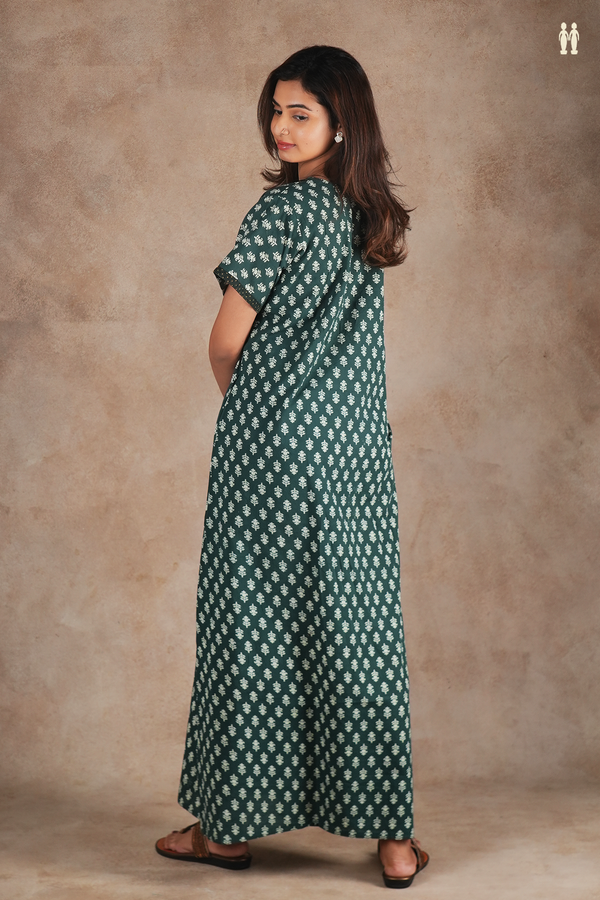 Round Neck Printed Design Forest Green Cotton Nightie
