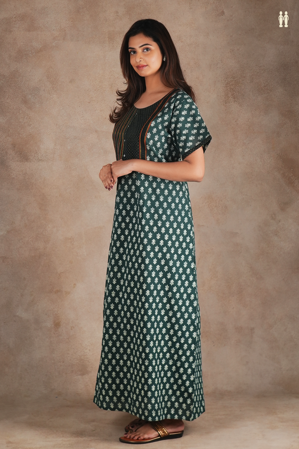 Round Neck Printed Design Forest Green Cotton Nightie