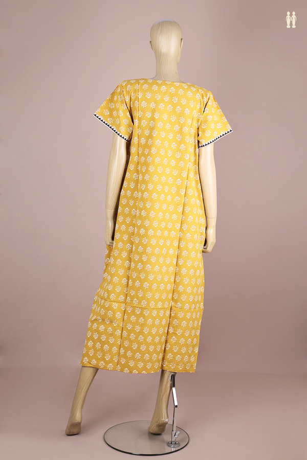 Round Neck Printed Design Golden Yellow Cotton Nightie