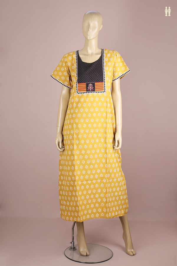Round Neck Printed Design Golden Yellow Cotton Nightie